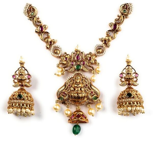 Traditional American Diamond Gold Plated Peacock & Lakshmi Necklace Set for Women - Image 2