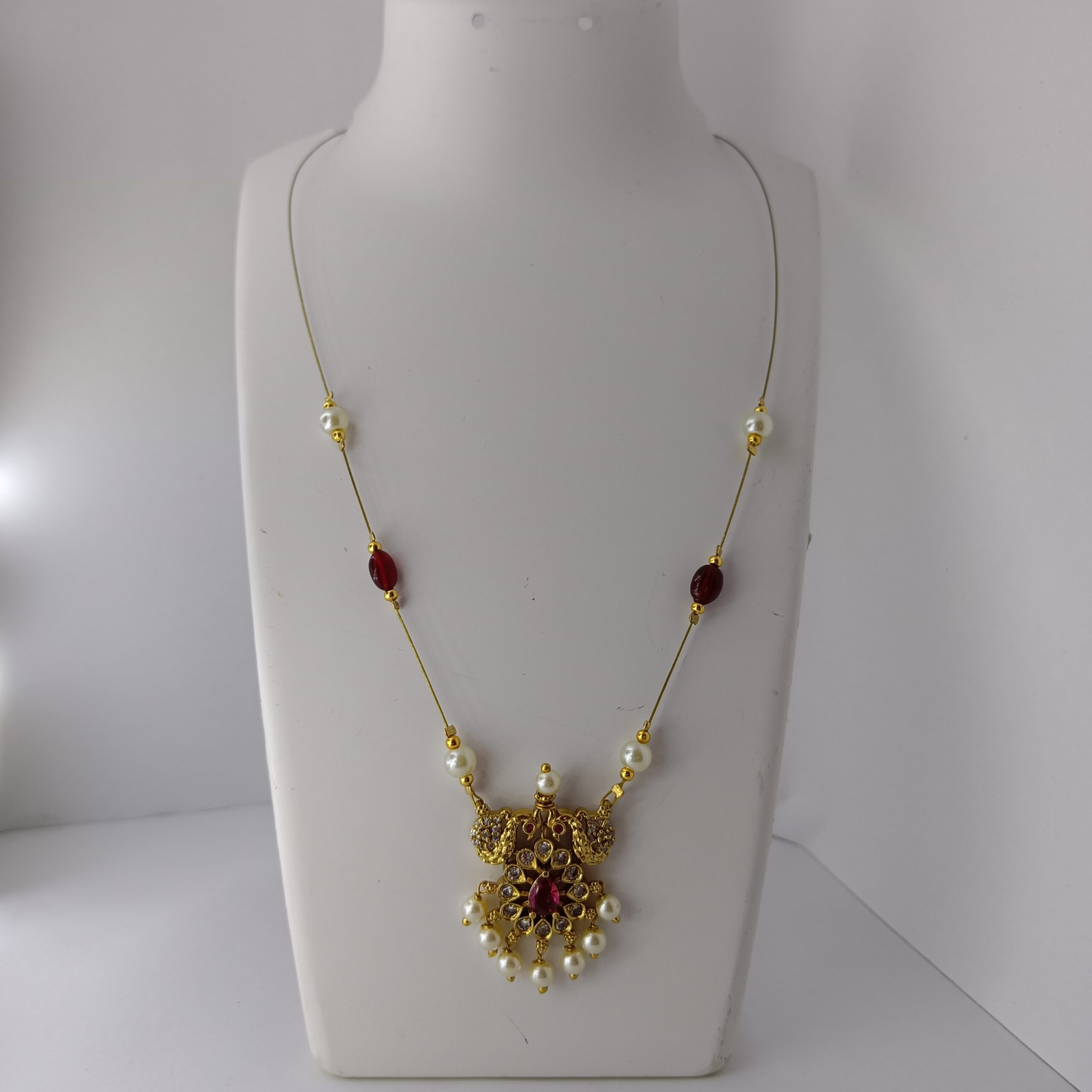 Nakshatra Emporium Buy Traditional Inivisble Chain Gold Plated Ruby and White Colors Stone for Woman