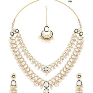 Meenakari Kundan Pearls Layered Bridal Necklace, Earring & Maangtikka Set for Women