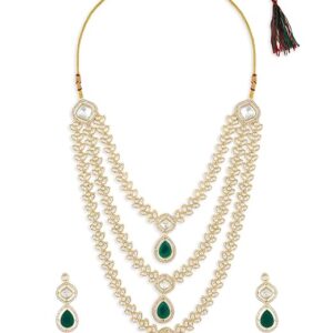 Nakshatra Emporium Green Dazzling Stones Austrian Diamonds Embellished Layered Necklace & Earring Set For Women