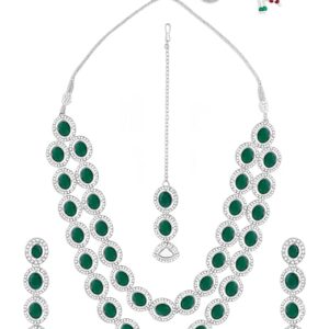 Nakshatra Emporium Green Stones Dazzling Austrian Diamonds Layered Necklace Earring & Maangtikka Set For Women