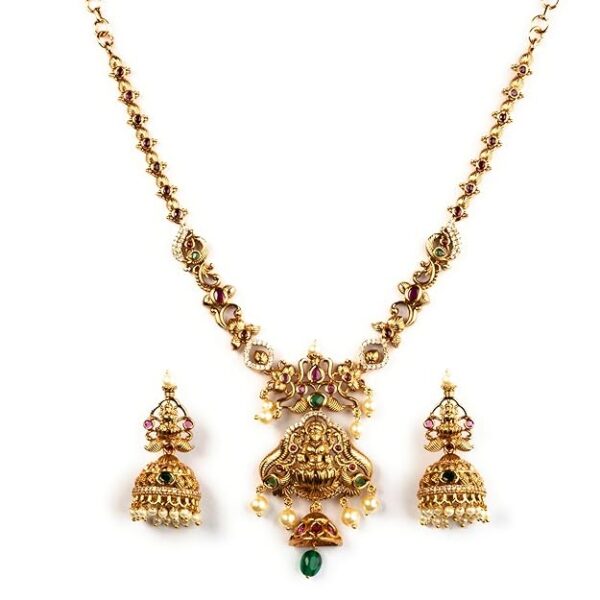 Traditional American Diamond Gold Plated Peacock & Lakshmi Necklace Set for Women